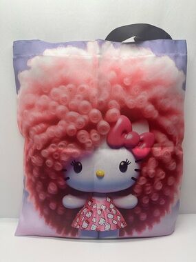 Sanrio Hello Kitty Tote with Pink Curly Hair and Purple Background